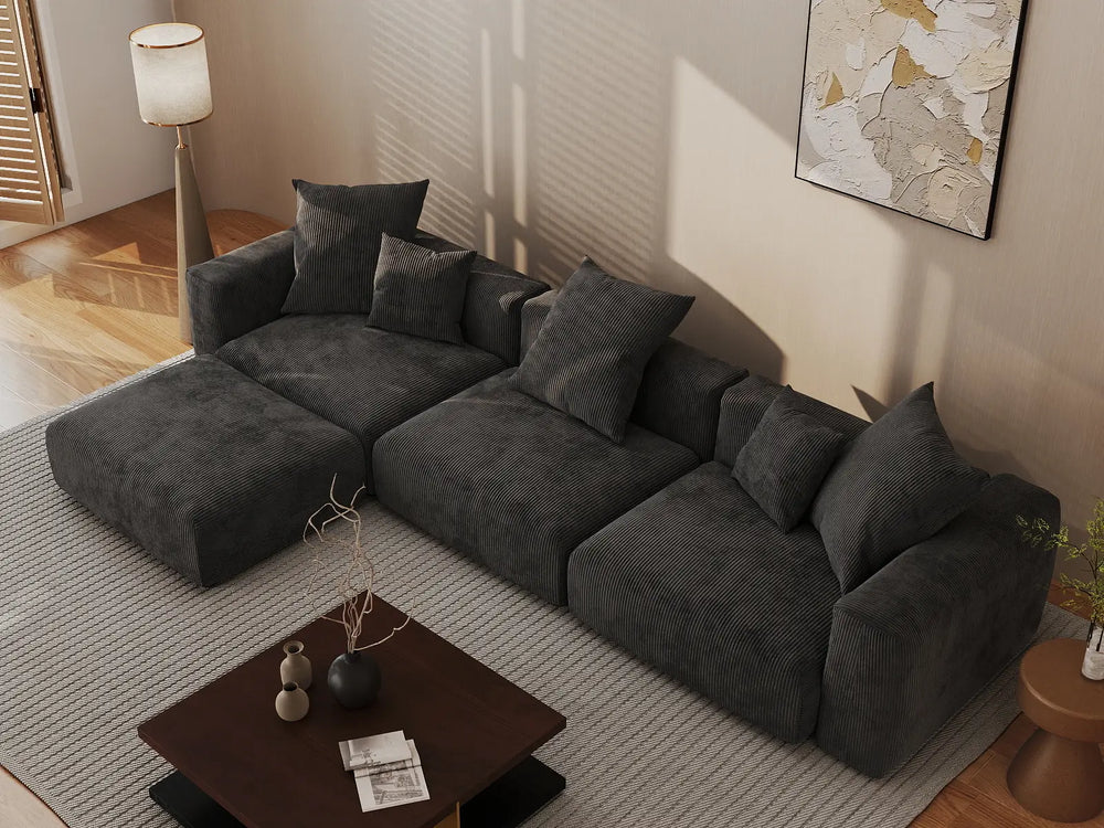 WJS Home 4 Piece Black Corduroy L Shaped Sectionals 3 Seater_8