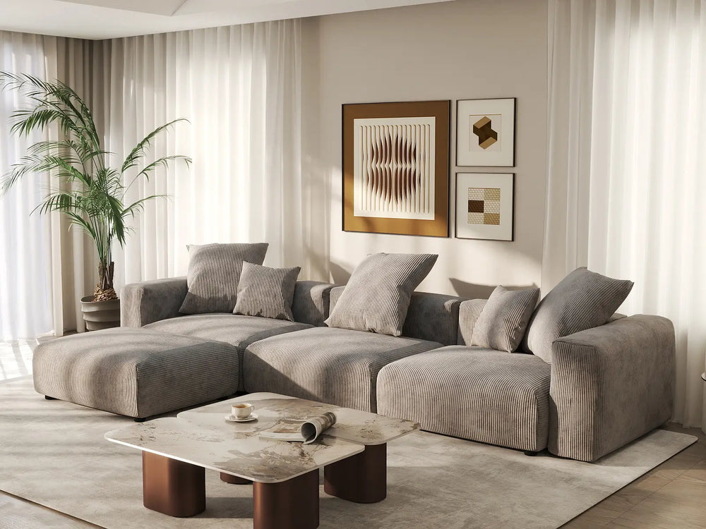 WJS Home 4 Piece Brown Corduroy L Shaped Sectionals 3 Seater_1