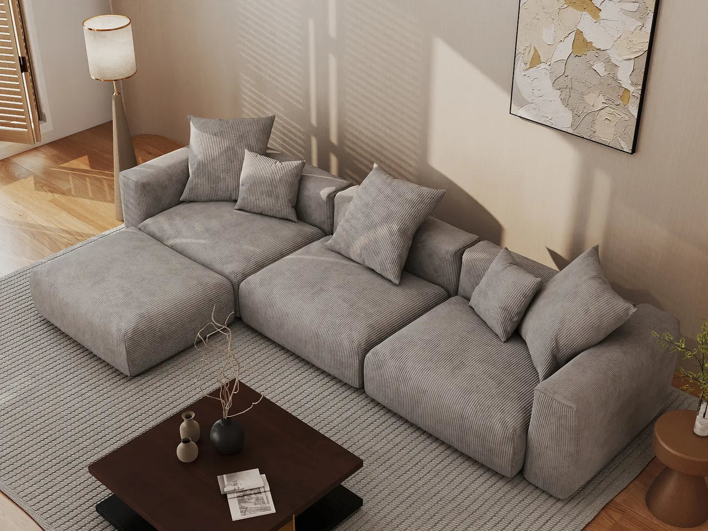 WJS Home 4 Piece Brown Corduroy L Shaped Sectionals 3 Seater_8