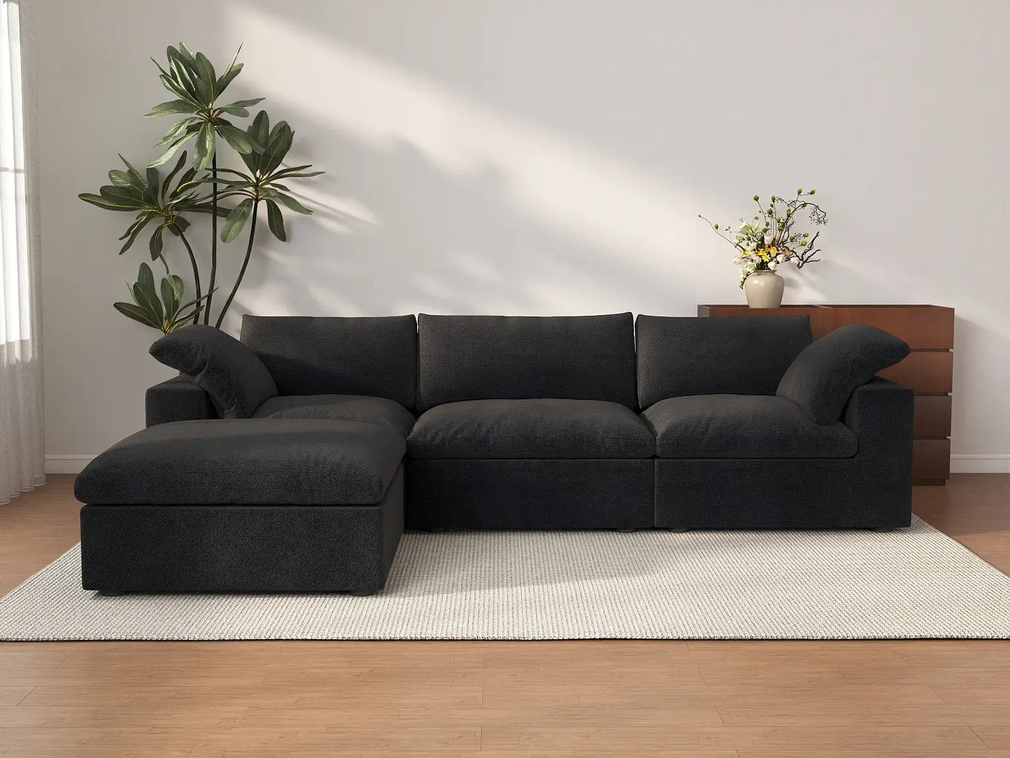 WJS Home 4 Piece Cotton and Linen Black L Shaped Sectionals 120 Storage Ottoman 3 Seater_2