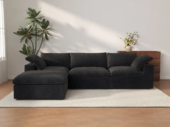 Sofás seccionales Deluxe Premium Cloud | Seccionales negros en forma de L de 4 piezas de algodón y lino con otomana con almacenaje de 3 plazas y 120"