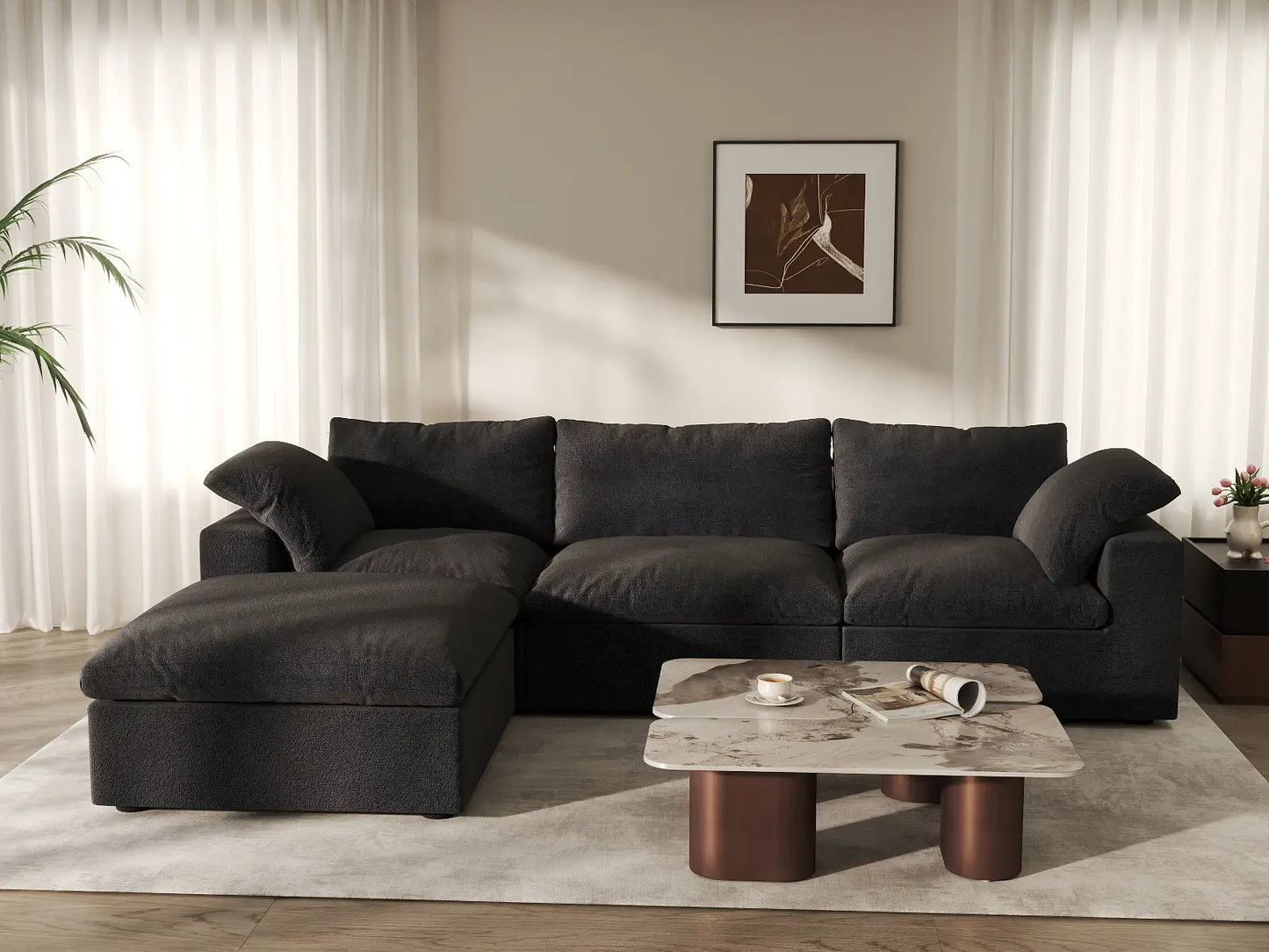 WJS Home 4 Piece Cotton and Linen Black L Shaped Sectionals 120 Storage Ottoman 3 Seater_6