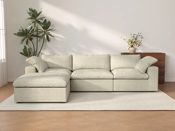 Deluxe Premium Cloud Sectional Sofas | 4-Piece Cotton and Linen Khaki L-Shaped Sectionals 120" Cloud-Like Comfort 3-Seater