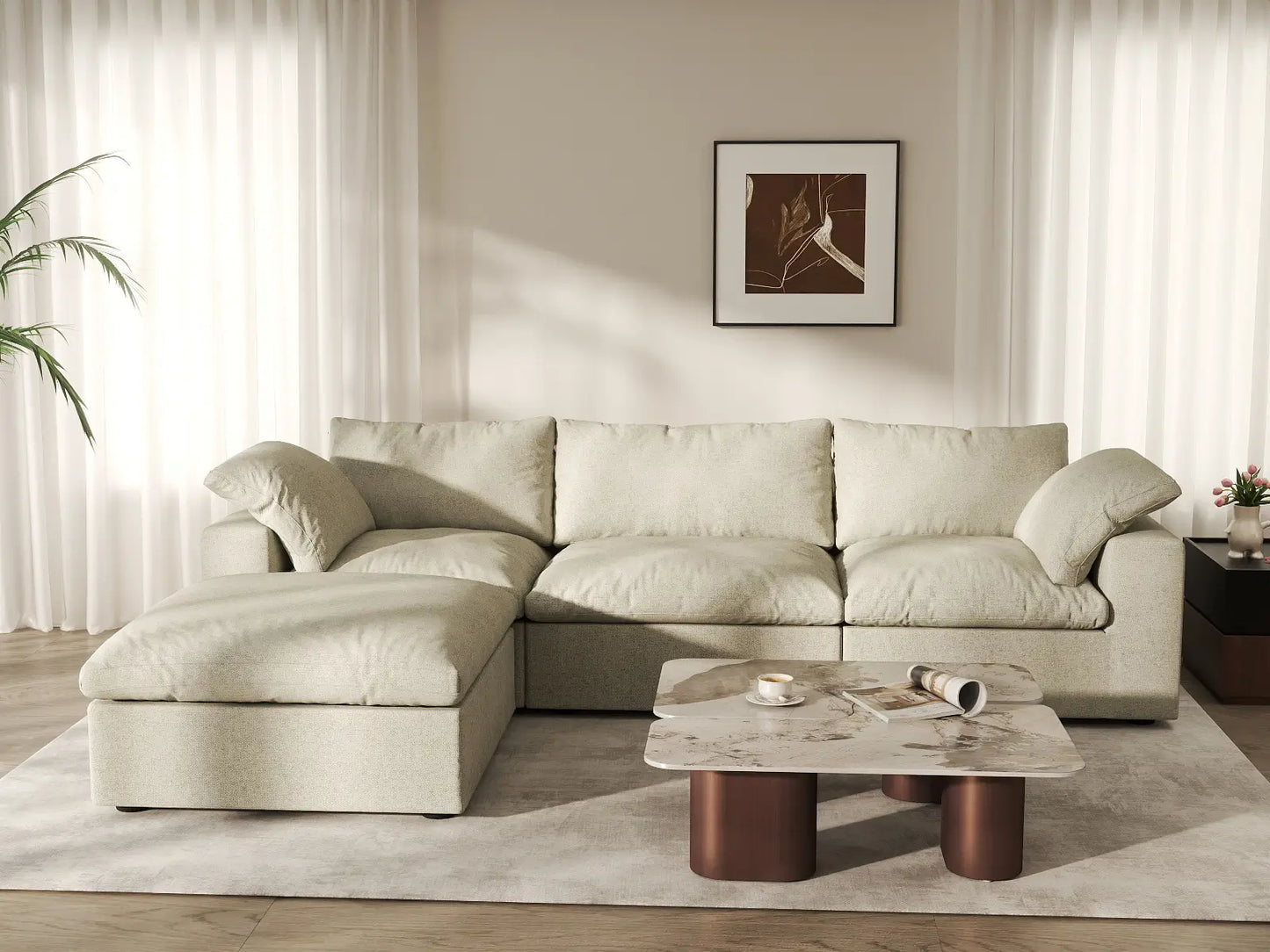 WJS Home 4 Piece Cotton and Linen Khaki L Shaped Sectionals 120 Cloud Like Comfort 3 Seater_6