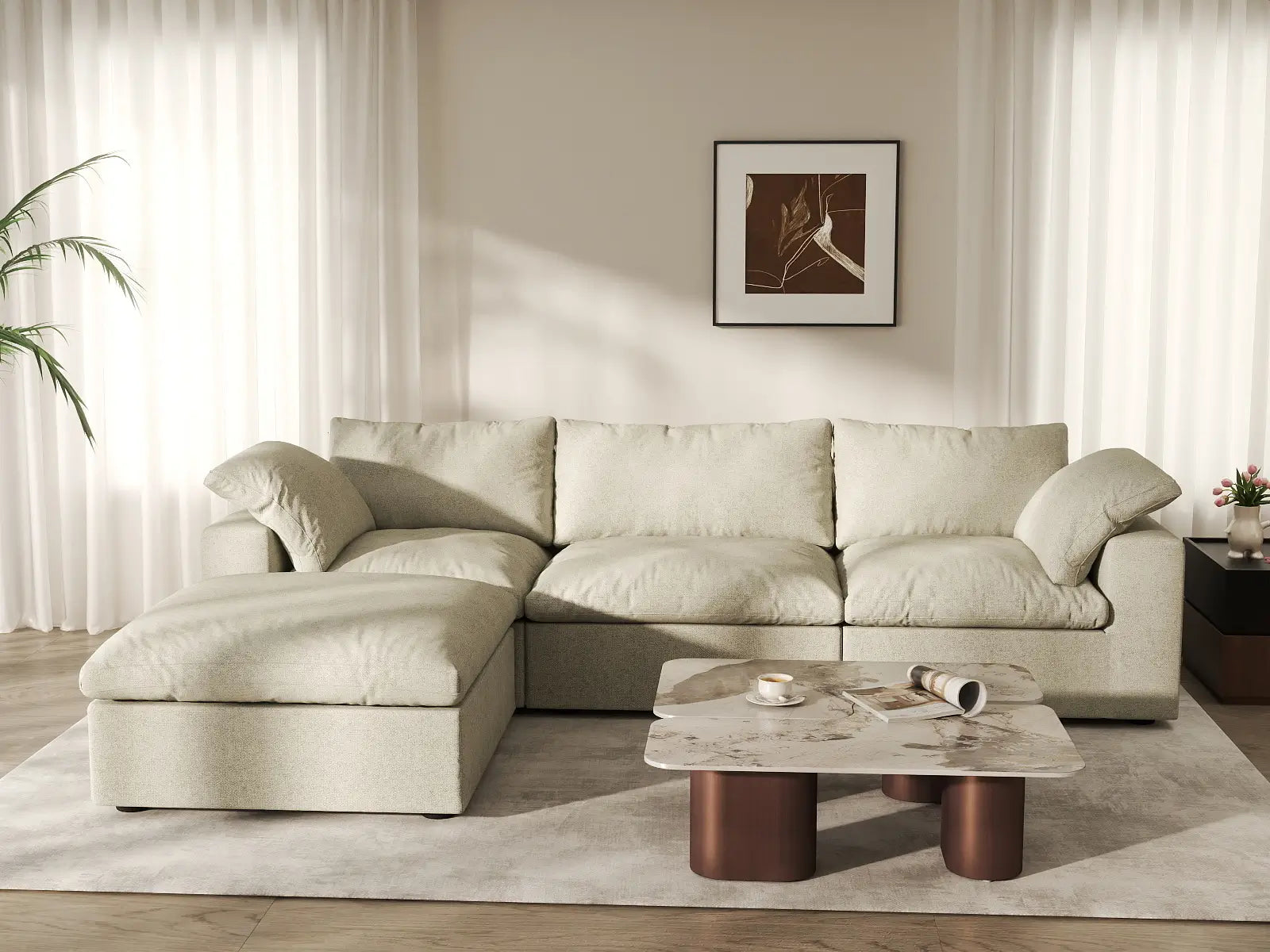 WJS Home 4 Piece Cotton and Linen Khaki L Shaped Sectionals 120 Cloud Like Comfort 3 Seater_6