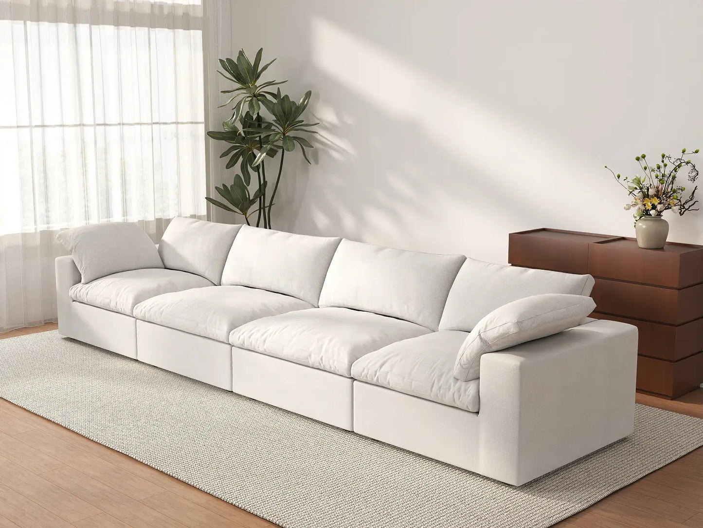 WJS Home 4 Piece Cotton and Linen White Couch Sectionals 160 Storage Ottoman 4 Seater_3