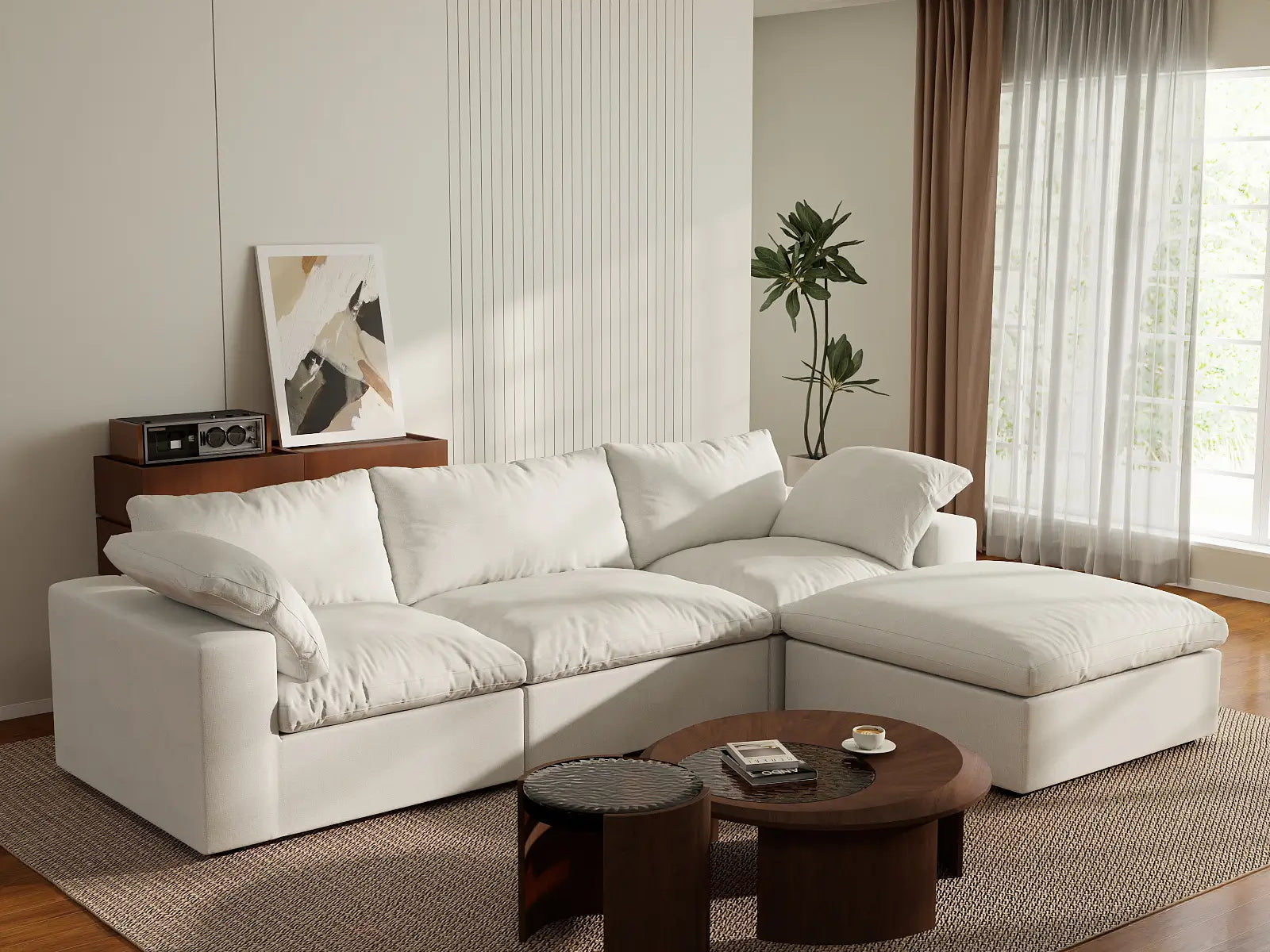 WJS Home 4 Piece Cotton and Linen White L Shaped Sectionals 120 Storage Ottoman 3 Seater_1