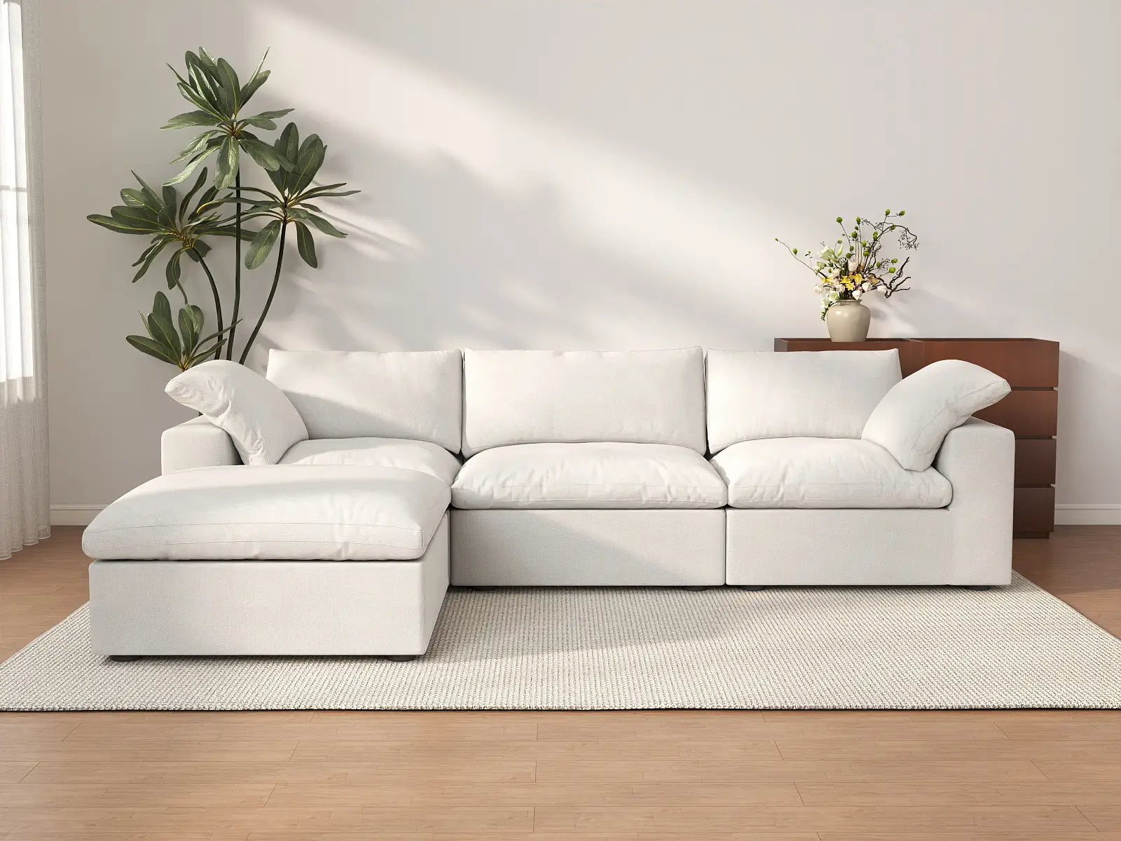 WJS Home 4 Piece Cotton and Linen White L Shaped Sectionals 120 Storage Ottoman 3 Seater_2
