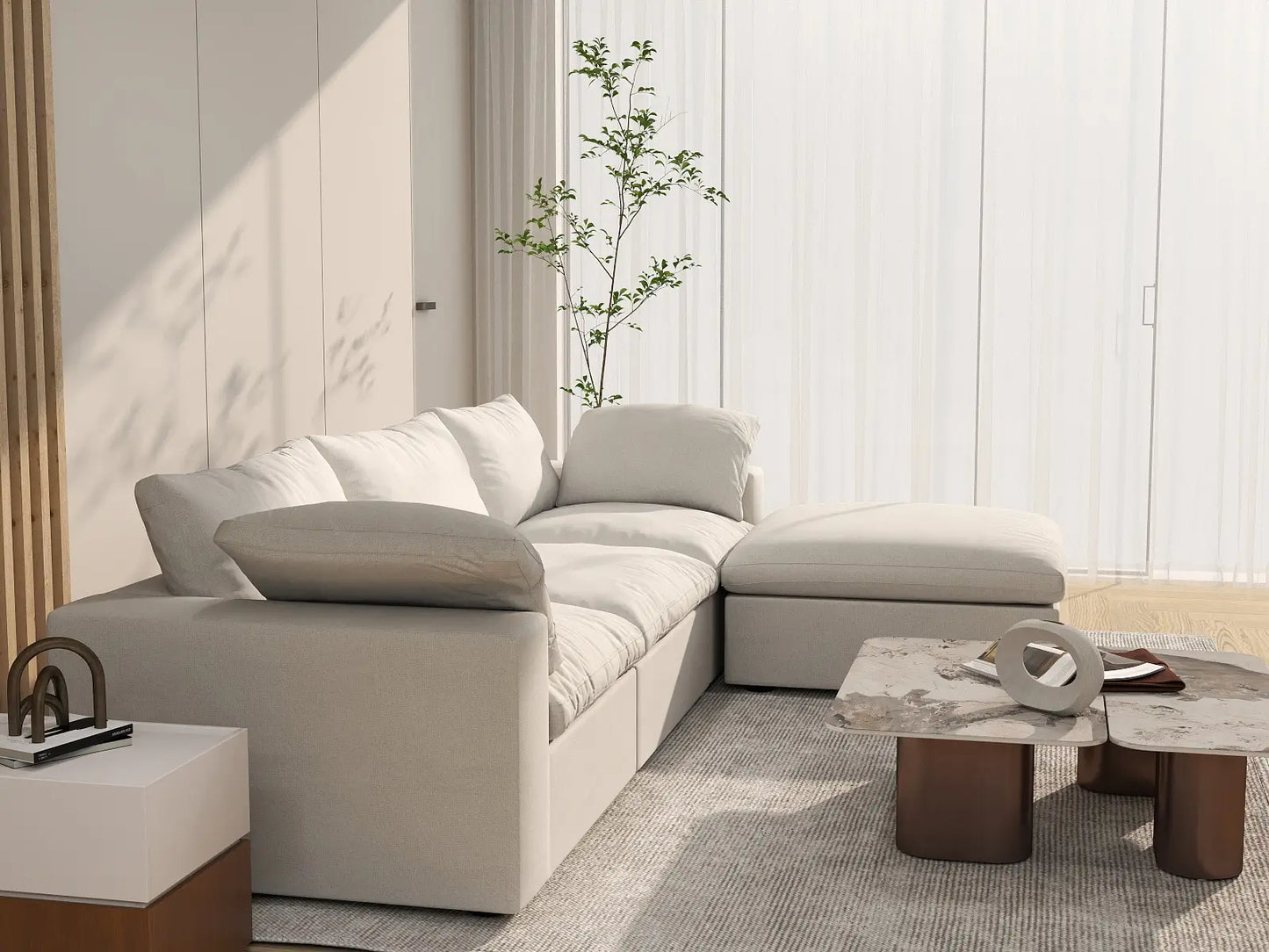 WJS Home 4 Piece Cotton and Linen White L Shaped Sectionals 120 Storage Ottoman 3 Seater_7