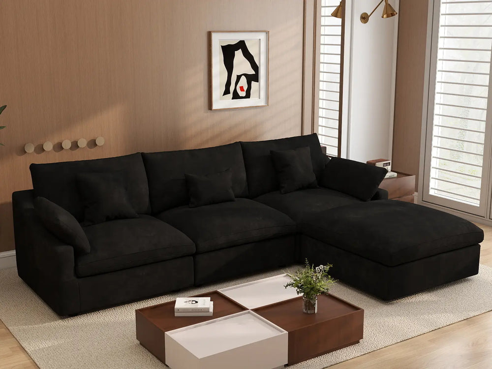 WJS Home 4 Piece Linen Black Couch Sectionals 120 Adjustable Backrest Pillows 3 Seater_1