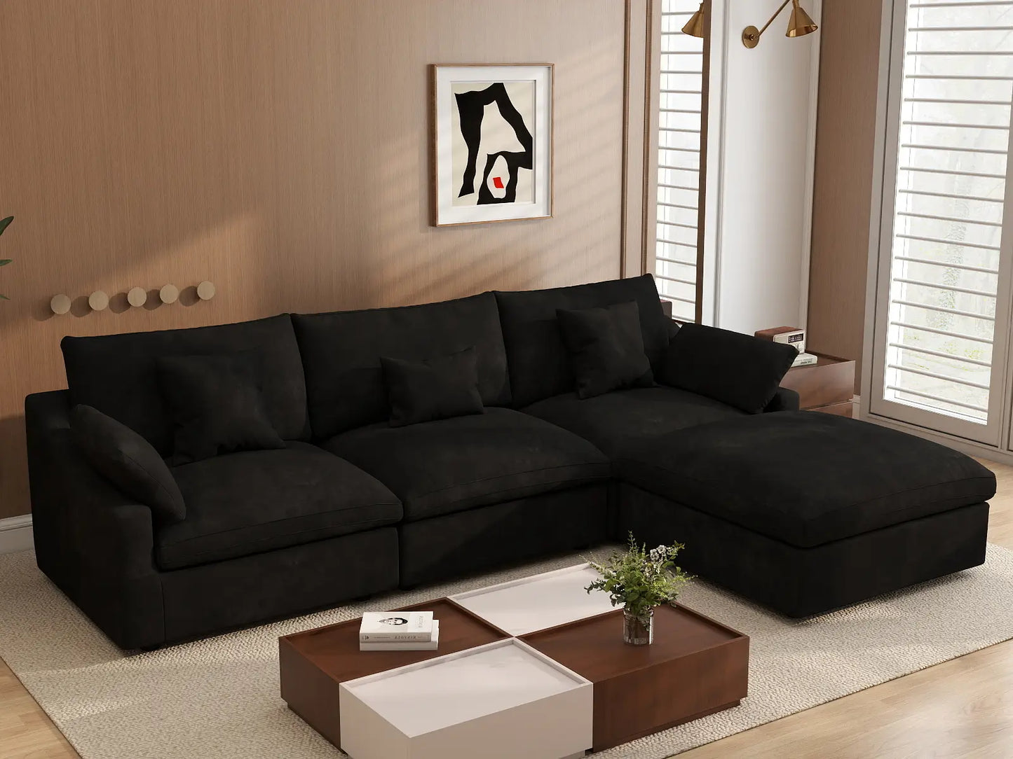 WJS Home 4 Piece Linen Black Couch Sectionals 120 Adjustable Backrest Pillows 3 Seater_1