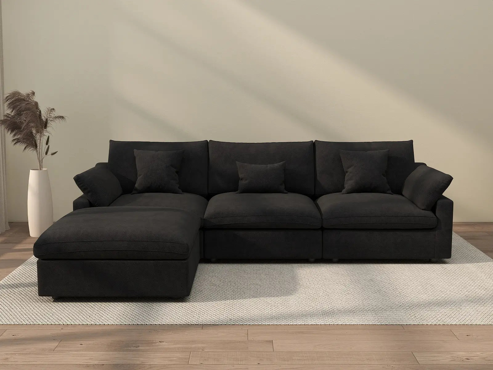 WJS Home 4 Piece Linen Black Couch Sectionals 120 Adjustable Backrest Pillows 3 Seater_2