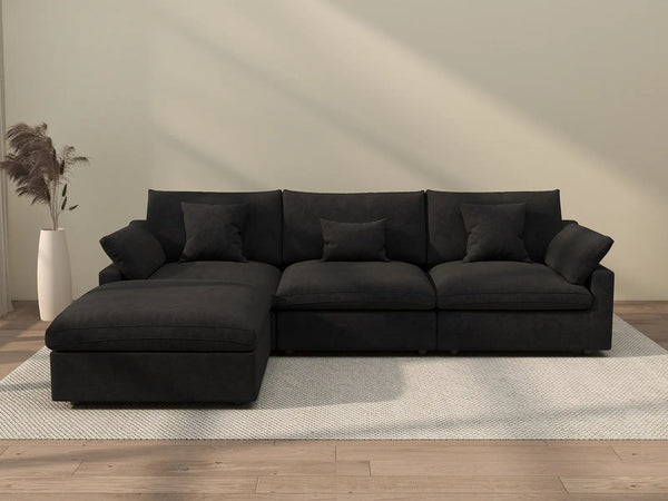 Sofá modular modular Deluxe Cloud de 3 plazas, color negro, lavable, en forma de L | Juego de 4 piezas (incluye 1 otomana), tejido de chenilla y lino.