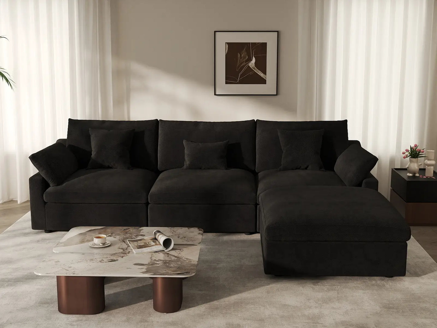 WJS Home 4 Piece Linen Black Couch Sectionals 120 Adjustable Backrest Pillows 3 Seater_6