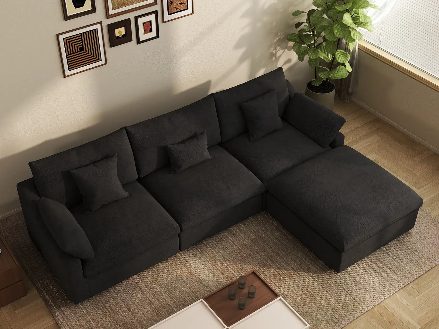 WJS Home 4 Piece Linen Black Couch Sectionals 120 Adjustable Backrest Pillows 3 Seater_8