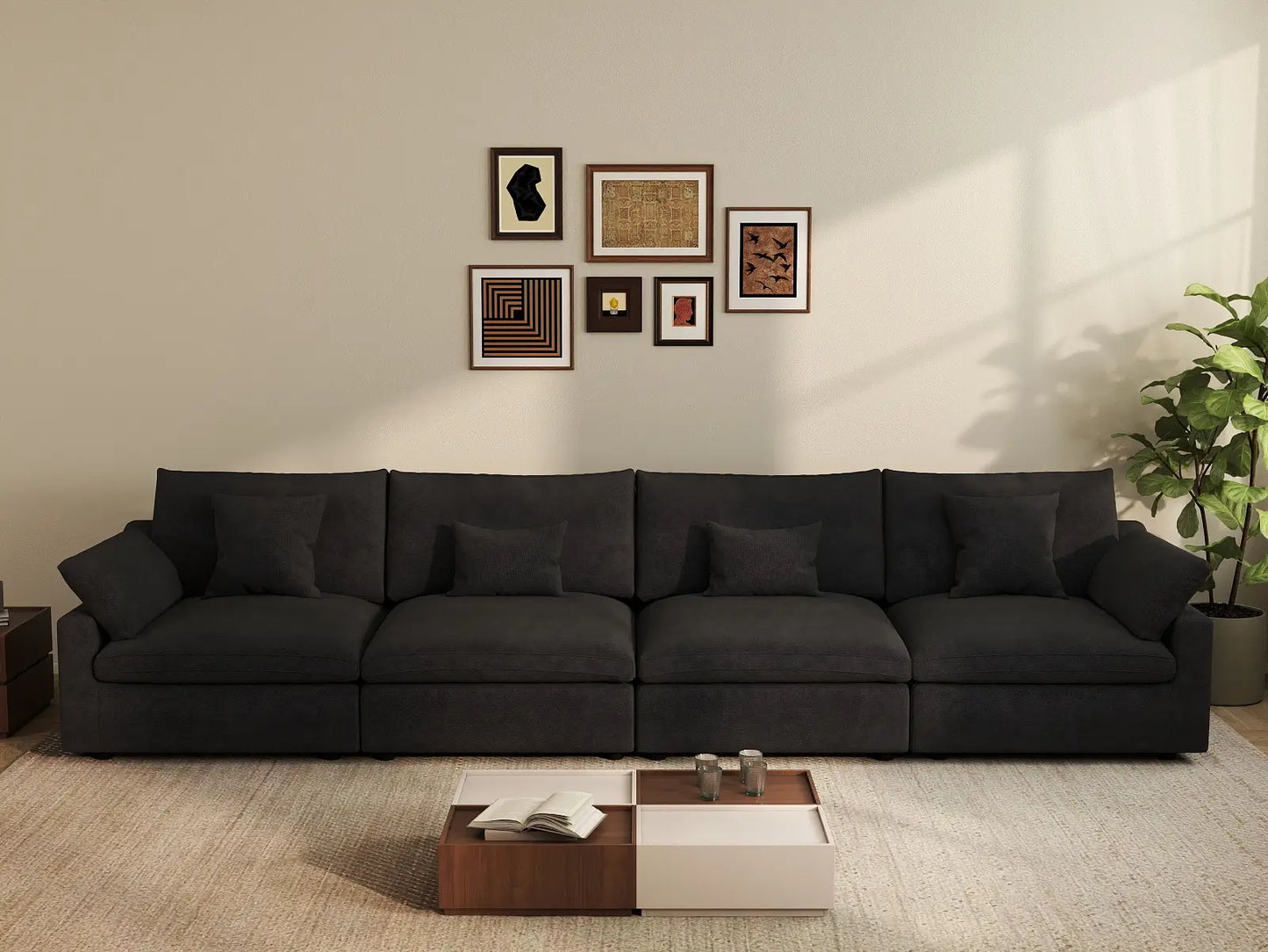 WJS Home 4 Piece Linen Black Couch Sectionals 160 Adjustable Backrest Pillows 4 Seater_6