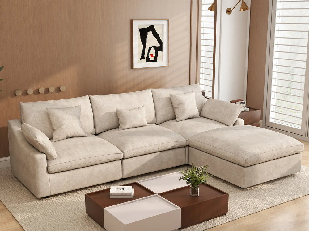 WJS Home 4 Piece Linen Khaki L Shaped Sectionals 3 Seater With 1 Ottoman_1