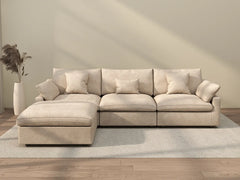 Deluxe Cloud 3-Seater Khaki Washable L-Shaped Sectional | 4-Piece (includes 1 Ottoman), Chenille and Linen Fabric, Modular Design