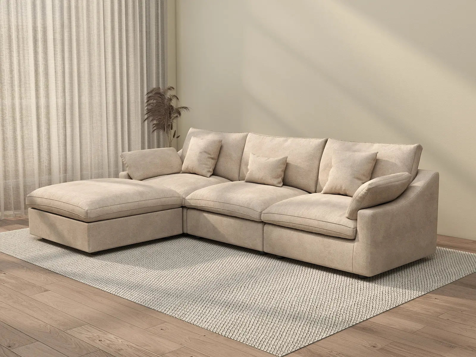 WJS Home 4 Piece Linen Khaki L Shaped Sectionals 3 Seater With 1 Ottoman_3