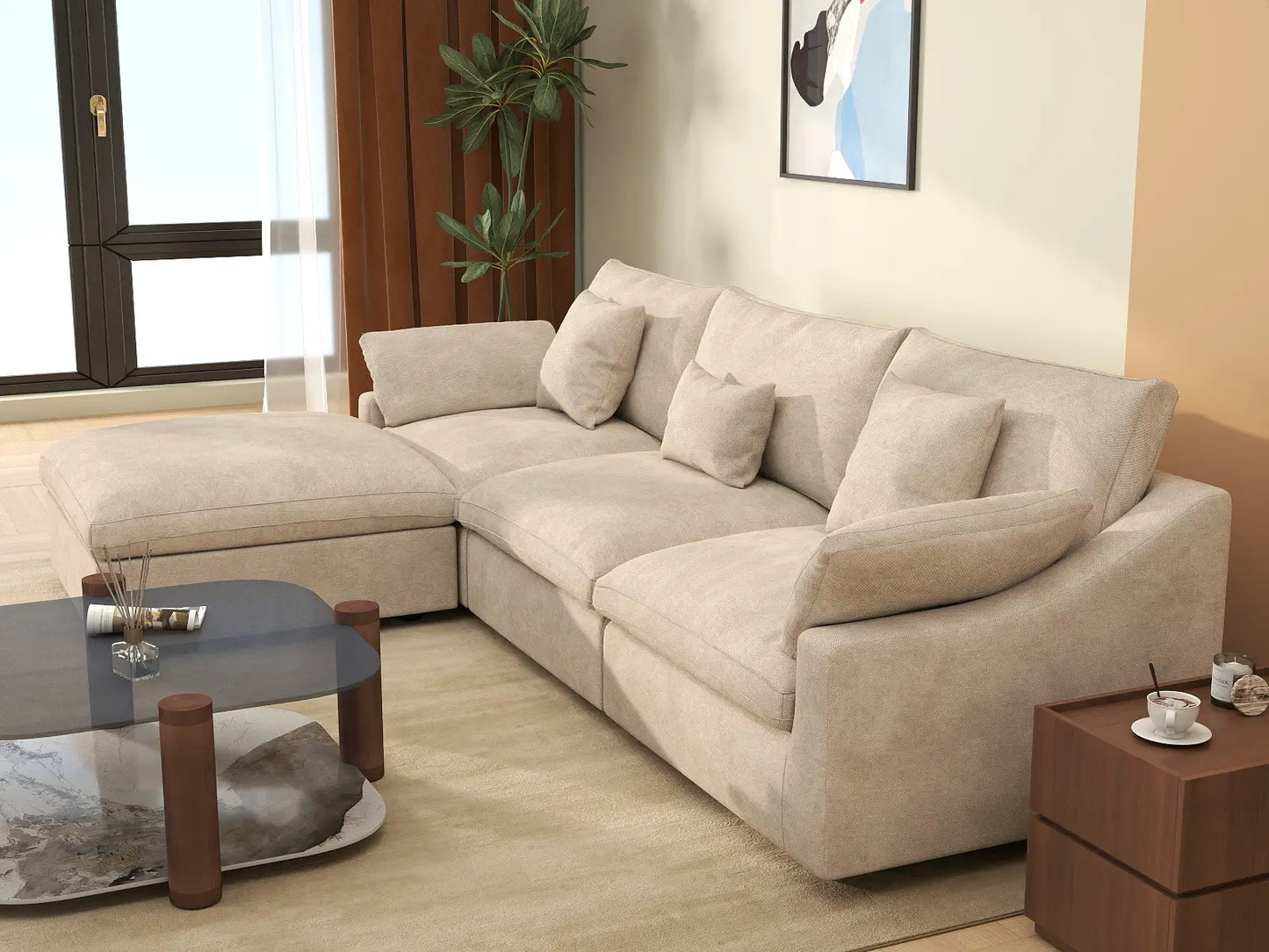 WJS Home 4 Piece Linen Khaki L Shaped Sectionals 3 Seater With 1 Ottoman_7