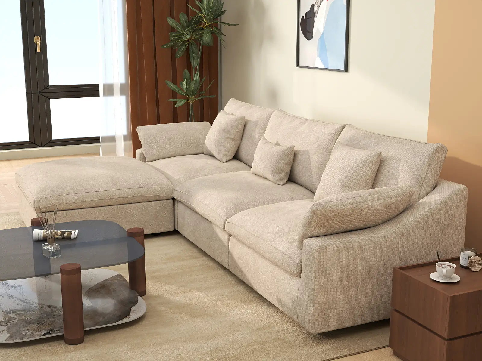 WJS Home 4 Piece Linen Khaki L Shaped Sectionals 3 Seater With 1 Ottoman_7