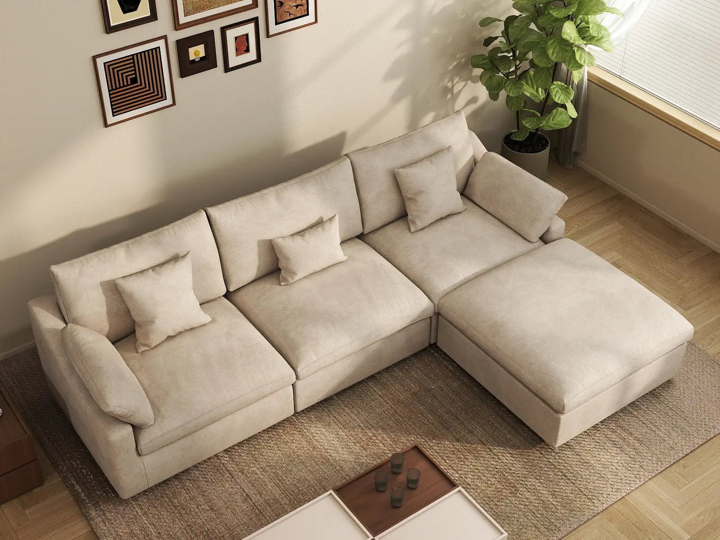 WJS Home 4 Piece Linen Khaki L Shaped Sectionals 3 Seater With 1 Ottoman_8