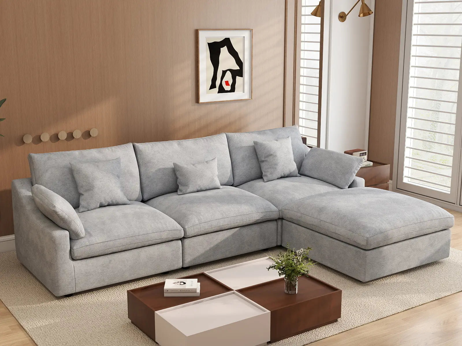WJS Home 4 Piece Linen Light Grey Couch Sectionals 120 Adjustable Backrest Pillows 3 Seater_1