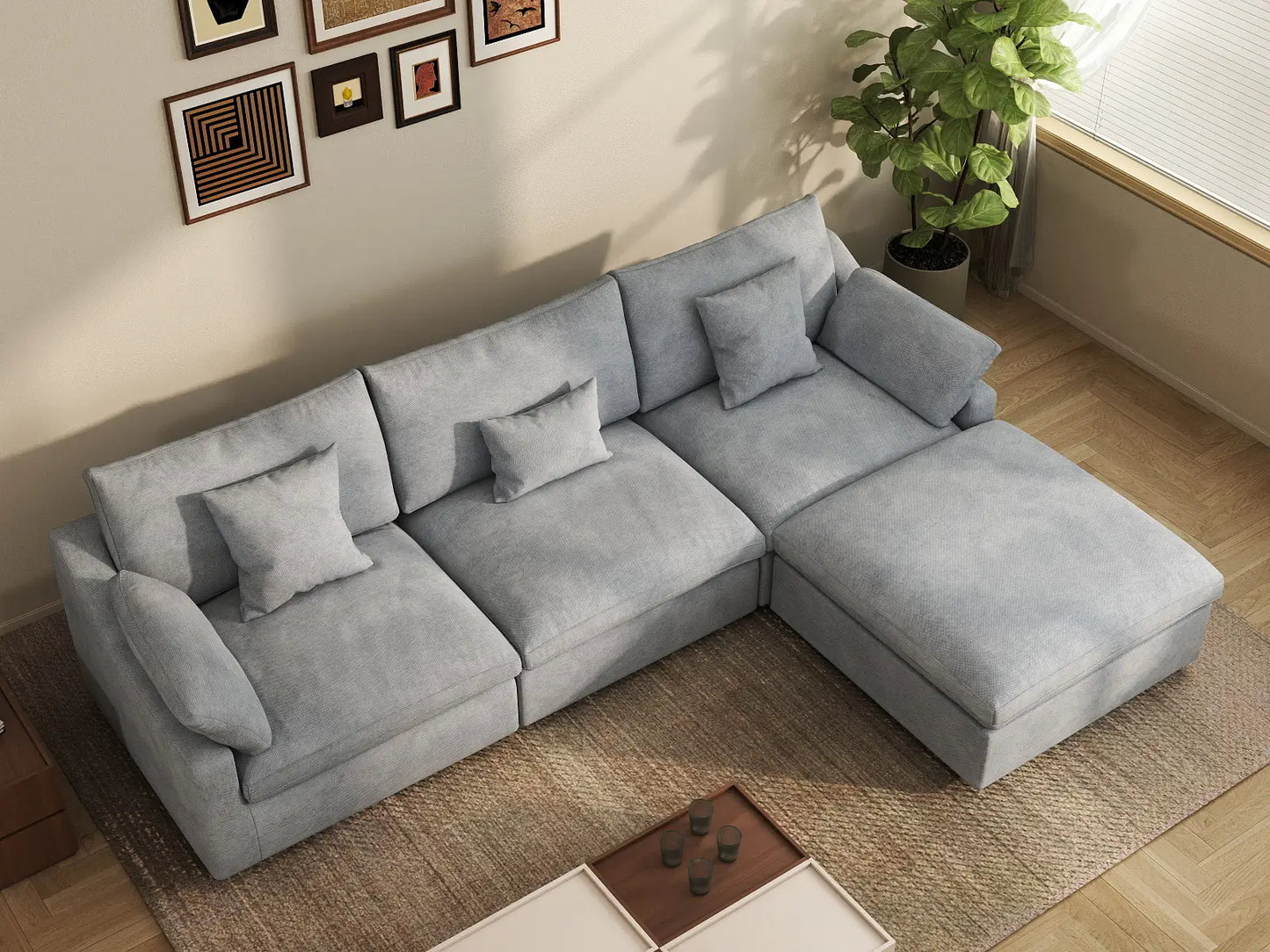 WJS Home 4 Piece Linen Light Grey Couch Sectionals 120 Adjustable Backrest Pillows 3 Seater_8