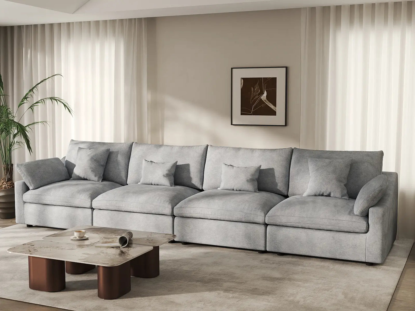 WJS Home 4 Piece Linen Light Grey Couch Sectionals 160 Adjustable Backrest Pillows 4 Seater_1
