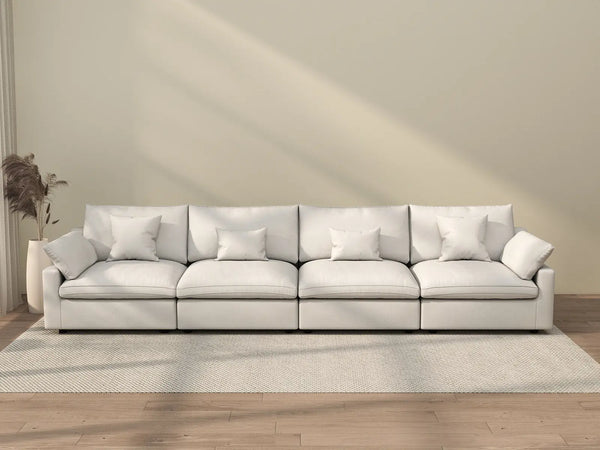 Sofá seccional Deluxe Cloud de 4 plazas, blanco, lavable | 4 piezas, tela de chenilla y lino, diseño modular
