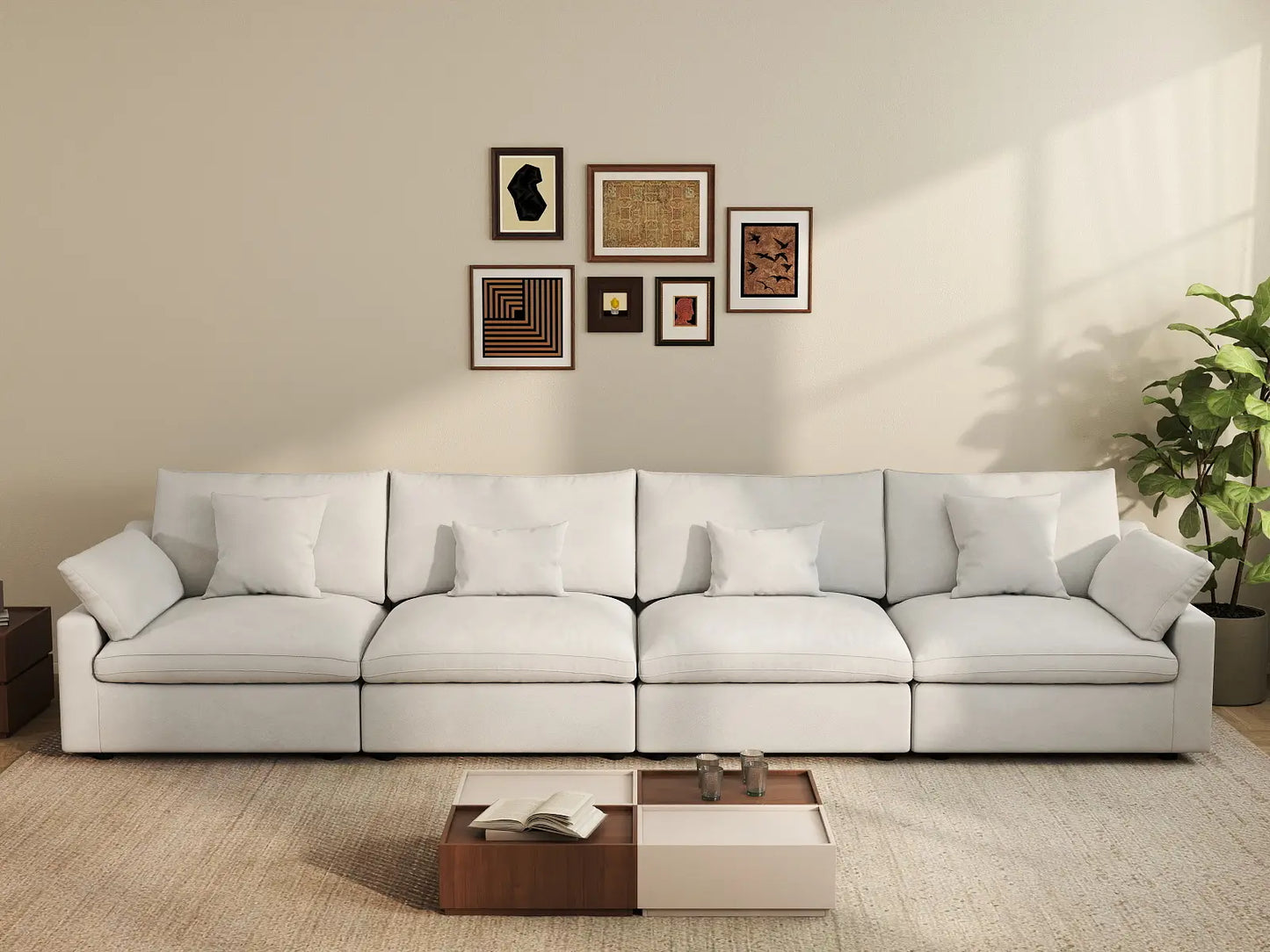 WJS Home 4 Piece Linen White Couch Sectionals 160 Adjustable Backrest Pillows 4 Seater_6