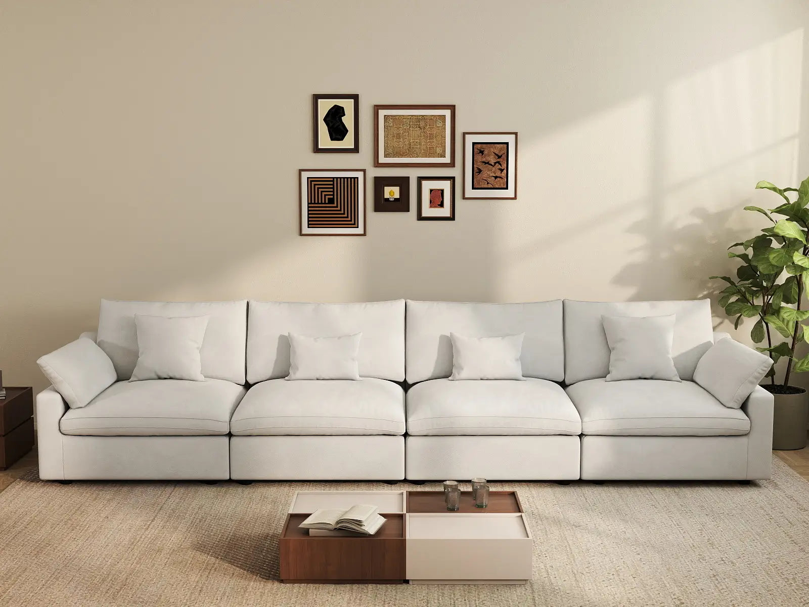 WJS Home 4 Piece Linen White Couch Sectionals 160 Adjustable Backrest Pillows 4 Seater_6
