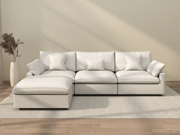 Sofá modular modular Deluxe Cloud de 3 plazas, blanco, lavable, en forma de L | 4 piezas (incluye 1 otomana), tela de chenilla y lino, diseño modular