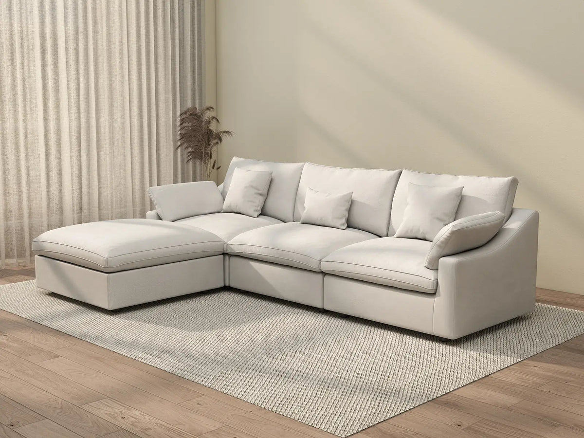 WJS Home 4 Piece Linen White L Shaped Sectionals 120 Adjustable Backrest Pillows 3 Seater_3