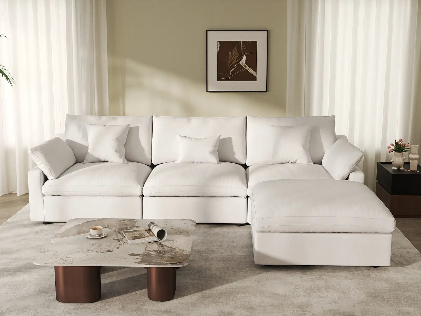 WJS Home 4 Piece Linen White L Shaped Sectionals 120 Adjustable Backrest Pillows 3 Seater_6
