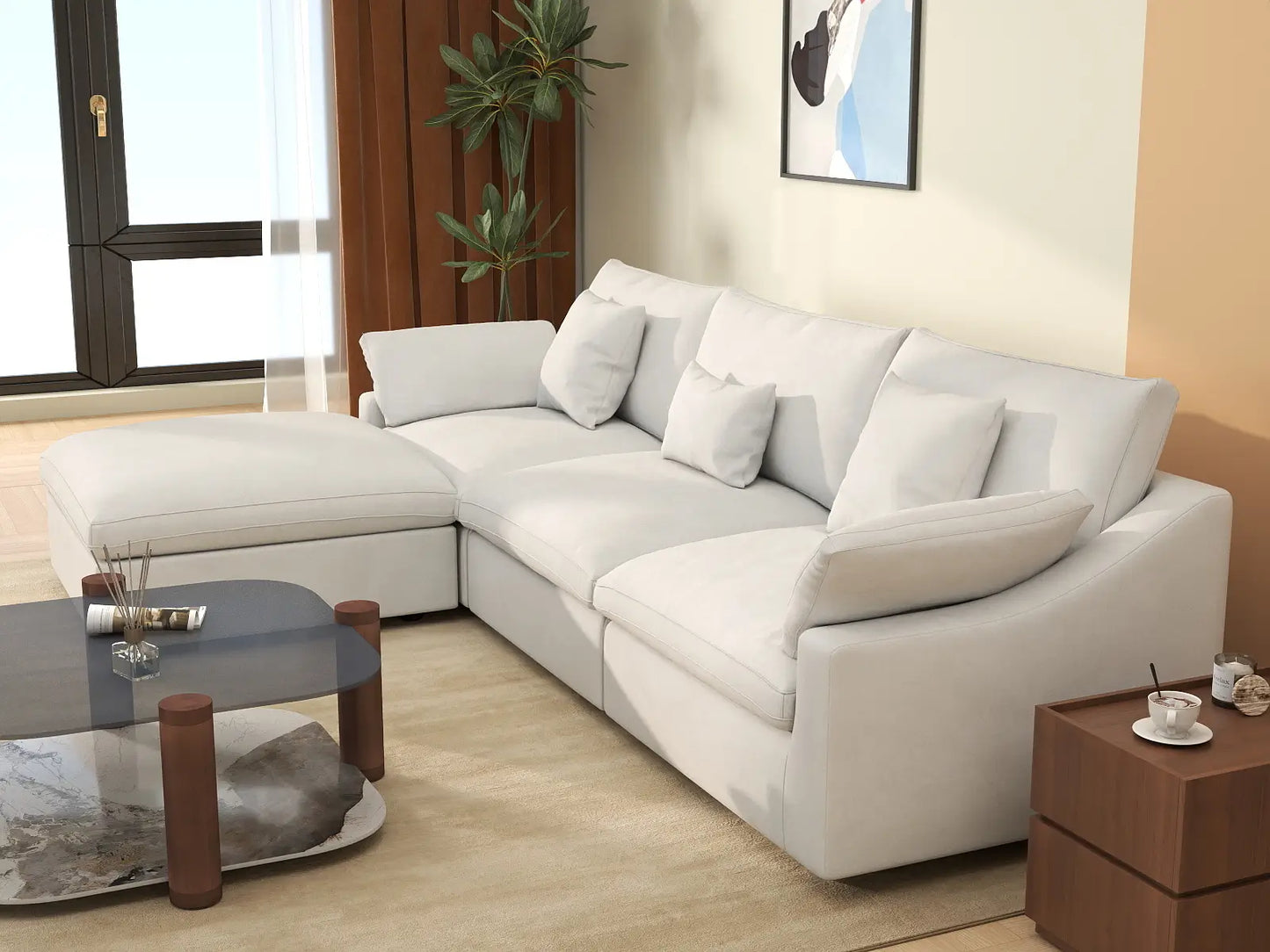 WJS Home 4 Piece Linen White L Shaped Sectionals 120 Adjustable Backrest Pillows 3 Seater_7