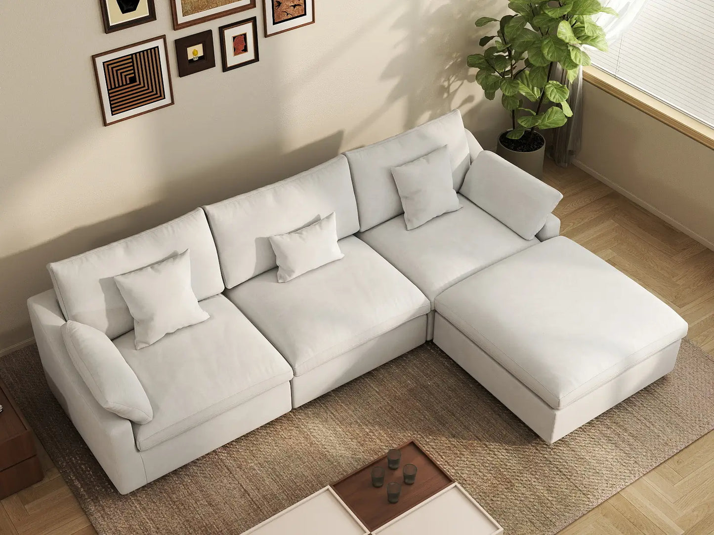 WJS Home 4 Piece Linen White L Shaped Sectionals 120 Adjustable Backrest Pillows 3 Seater_8