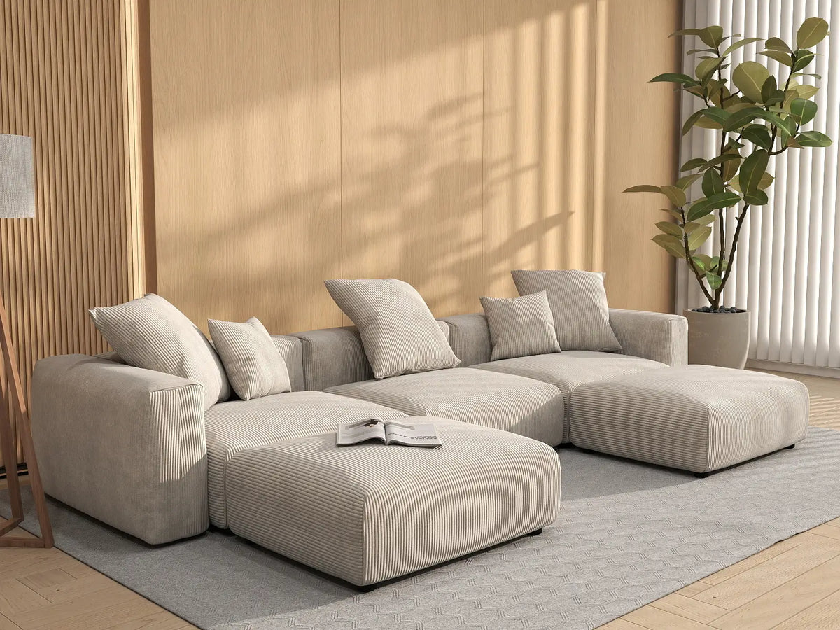 WJS Home 5 Piece Beige Corduroy U Shaped Sectionals 3 Seater_1