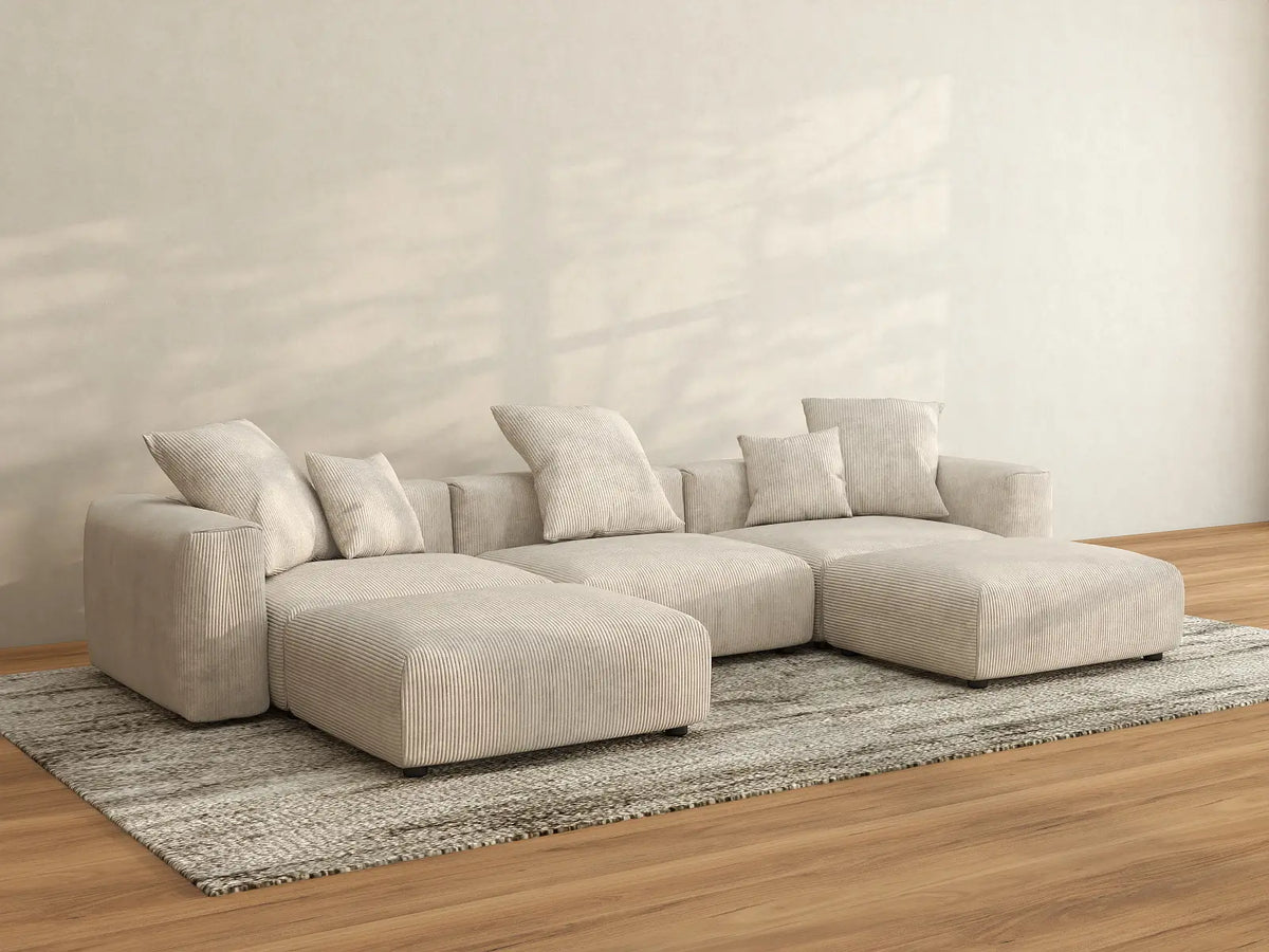 WJS Home 5 Piece Beige Corduroy U Shaped Sectionals 3 Seater_2