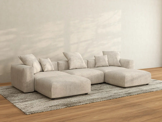 WJS Home 5 Piece Beige Corduroy U Shaped Sectionals 3 Seater_2