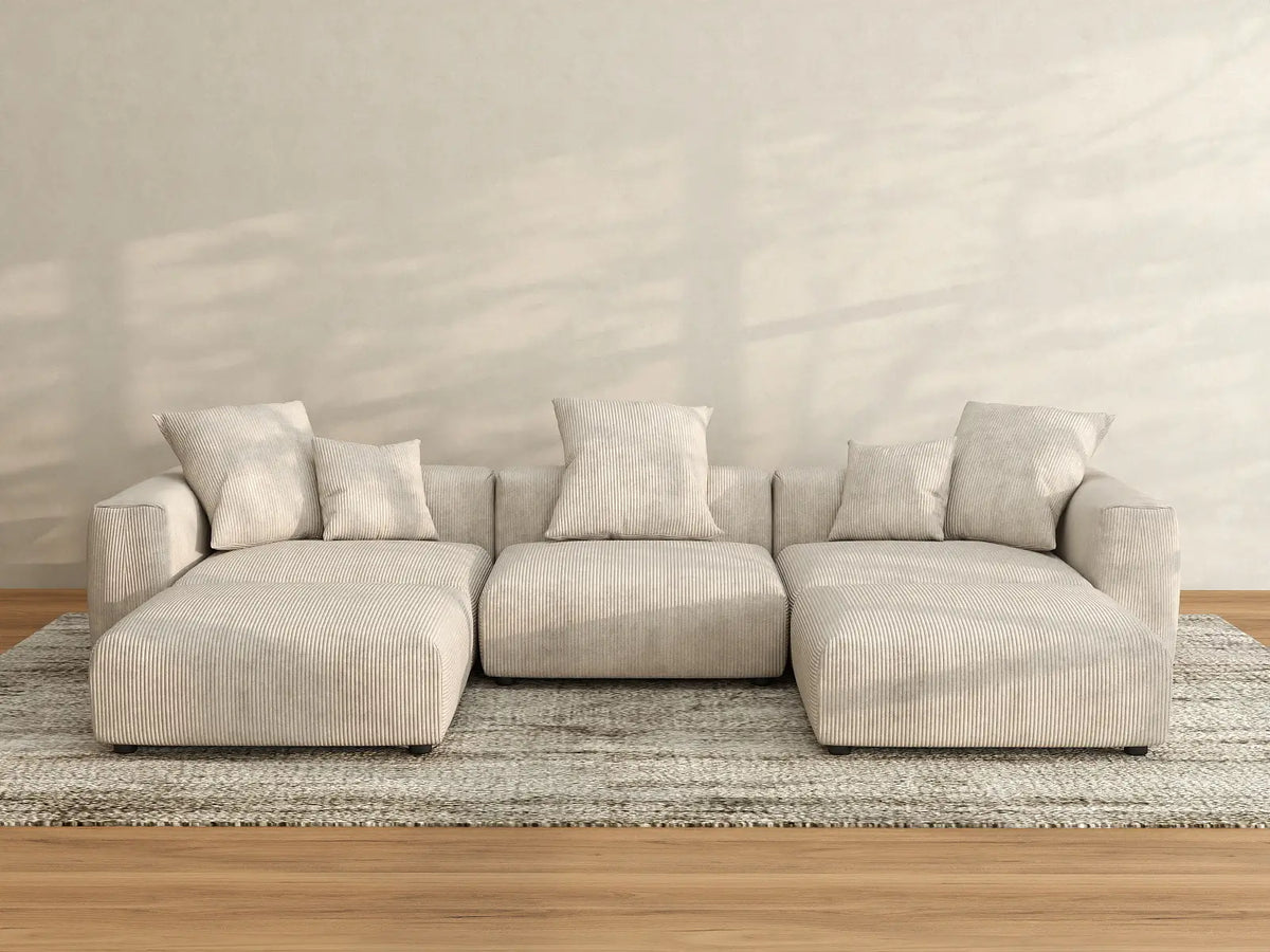 WJS Home 5 Piece Beige Corduroy U Shaped Sectionals 3 Seater_3