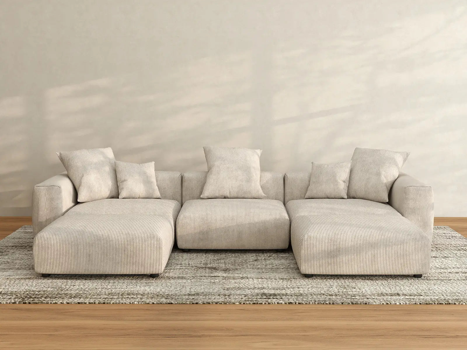 WJS Home 5 Piece Beige Corduroy U Shaped Sectionals 3 Seater_3