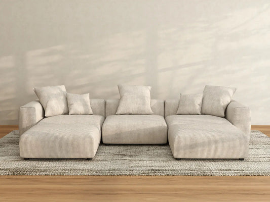 WJS Home 5 Piece Beige Corduroy U Shaped Sectionals 3 Seater_3