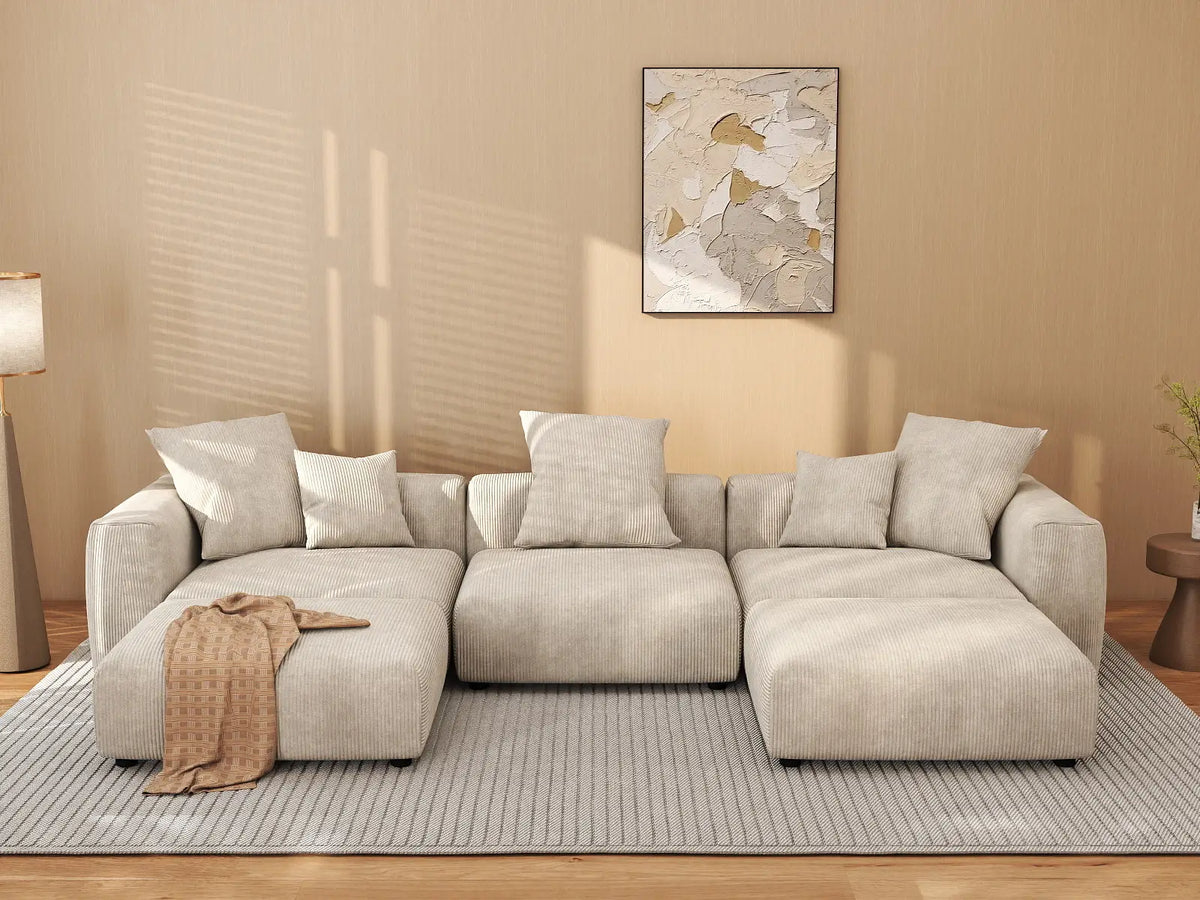 WJS Home 5 Piece Beige Corduroy U Shaped Sectionals 3 Seater_6