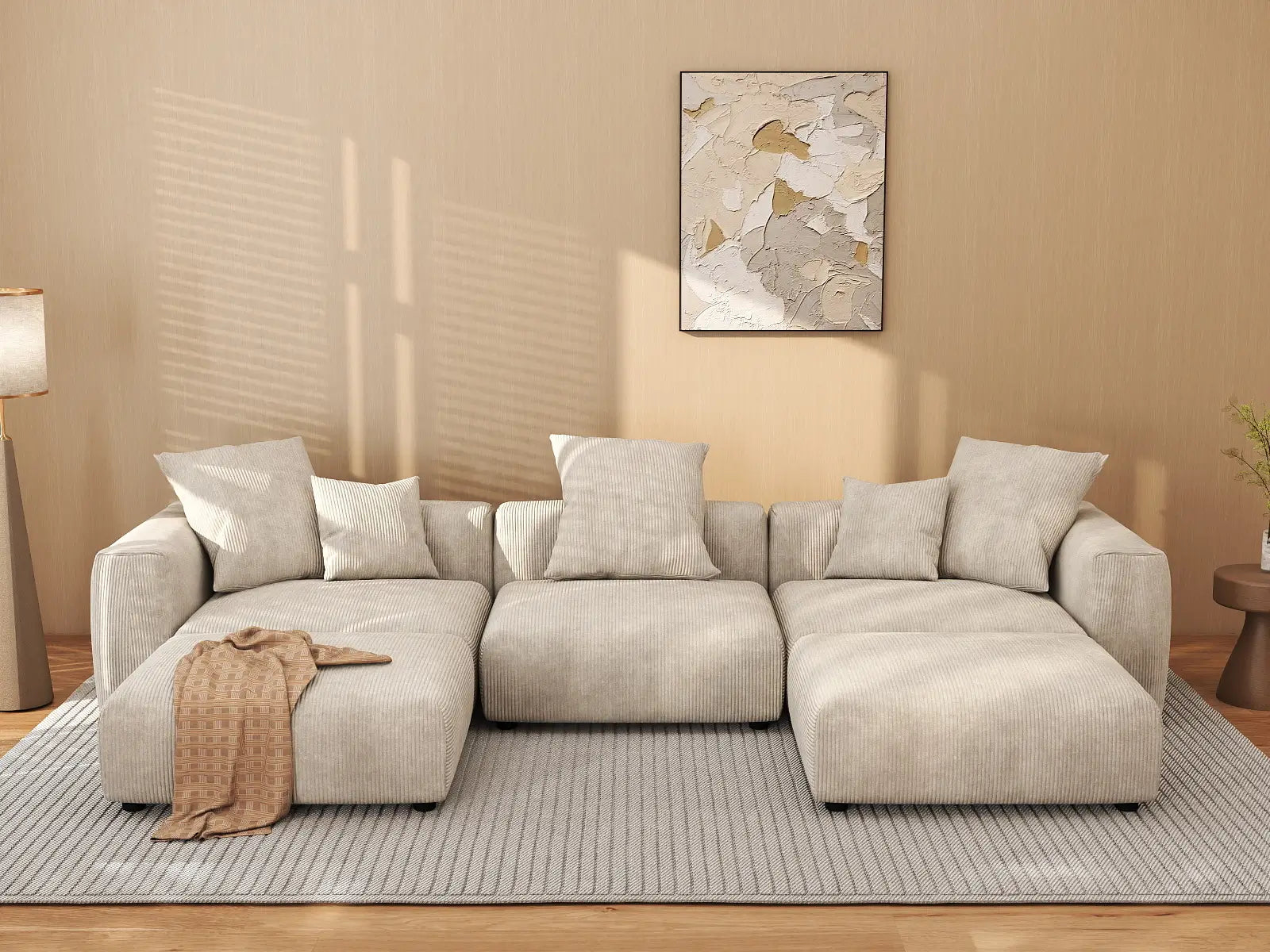 WJS Home 5 Piece Beige Corduroy U Shaped Sectionals 3 Seater_6