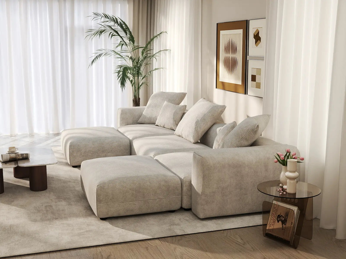 WJS Home 5 Piece Beige Corduroy U Shaped Sectionals 3 Seater_7