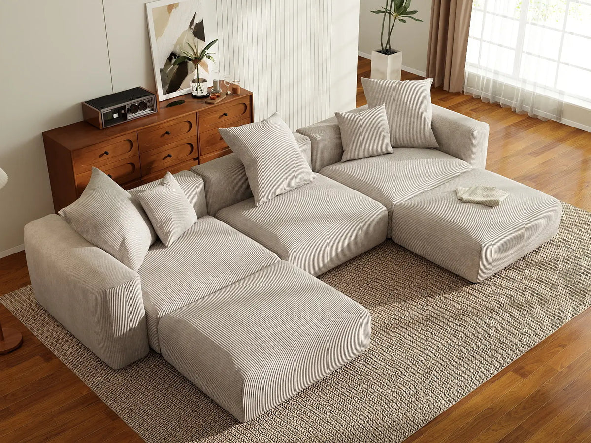 WJS Home 5 Piece Beige Corduroy U Shaped Sectionals 3 Seater_8