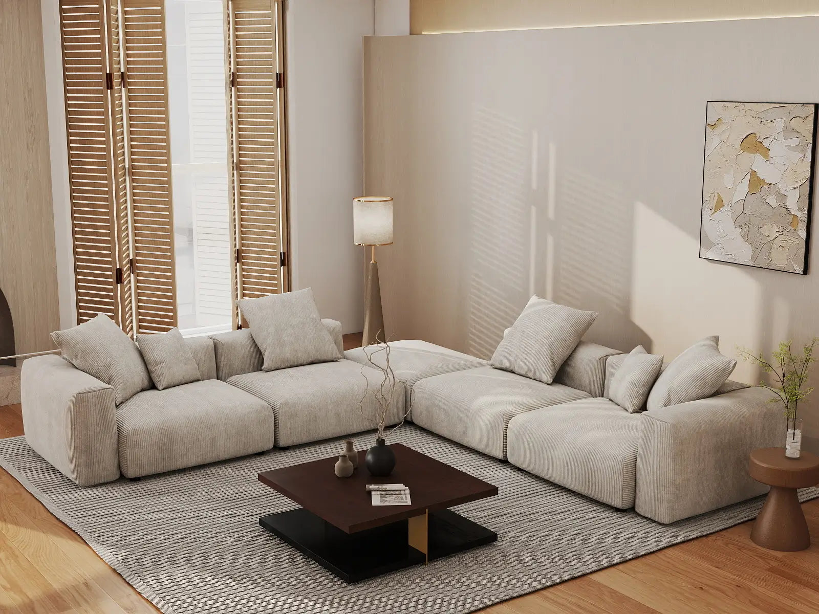 WJS Home 5 Piece Beige Corduroy V Shaped Sectionals 4 Seater_1