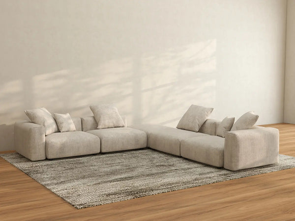 Sofás modulares modernos Matrix | Seccionales de 5 piezas en forma de V de pana beige para 4 plazas