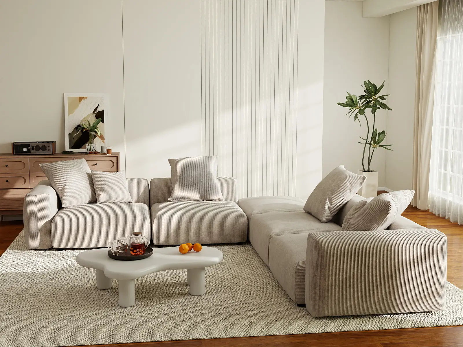 WJS Home 5 Piece Beige Corduroy V Shaped Sectionals 4 Seater_6